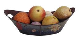 Y151 Early to mid nineteenth century American toleware tray, TOLE APPLE TRAY. Very nice elongated apple tray with cutout handles. Black paint with bright yellow and red hand painted floral design out side