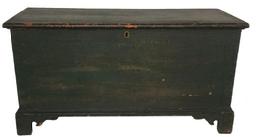 X373 19th century Philadelphia, Pennsylvania Blanket Chest, with original Windsor green paint, with dovetailed case and applied bracket base, bread board end on lid, The hinges are stamped Philadelphia also circa 1820 -1840