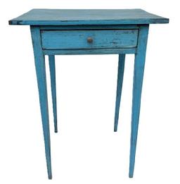 **SOLD** L476 19th Century Pennsylvania Hepplewhite one drawer stand featuring delicately tapered legs retaining its blue over the original blue painted surface. The drawer is dovetailed front and back. The wood is cherry with square head nail construction. Circa 1840s. Measurements: 21 wide x 16 ¼ deep x 27 ½ tall.