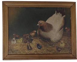A36 Late 19th century Primitive oil on canvas, laid on board, of a hen and chicks, sign and dated 