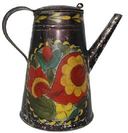 B239 PENNSYLVANIA 19TH CENTURY TOLEWARE COFFEE POT. Polychrome floral, fruit and foliate decoration on a Japanned ground. Slightly domed lid with C-scroll reinforced handle, straight spout and tapered body.  8 3/4" tall