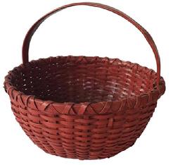 D353 Early Virginia small gathering Basket, with beautiful old red paint, double wrapped rim, with a steam and bent handle, kicked in bottom
