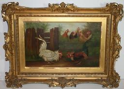 U425 Late 19th century  Oil on Canvas, of Chickens,  original gold gilt frame, measurements are 23 1/2" wide x 17 1/2"