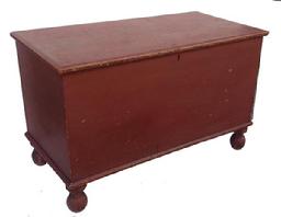 *SOLD* R9 Blanket Chest with the original red paint, from Pennsylvania, the construction is dovetailed, with very gracefully turned feet, all original