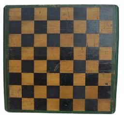 Y325 Original 19th century New England Game Board from Okeland Me. on the bottom of the game board is( Aldens-4) applied baton on the bottom to keep the boards from warping  applied molding, original greem amd mustard paint circa 1860