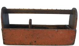 Y83 Late 19th century Tool Carrier/ Carpenter's Tote,wonderful worn weathered original salmon paint.nice high shaped half moon ends , A deep well outfitted with sections for various tools and hand saws