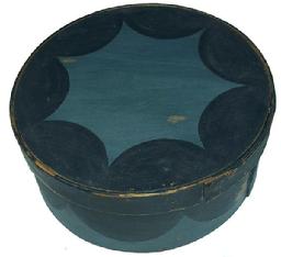 Z167 19th century paint decorated Pantry Box with wonderful blue paint with black scallop, very unusual. Thick constructions, . 6"high. 13"diameter