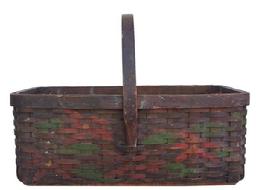 Z6 Early 20th century paint decorated  Vegetable gathering Basket, with reinforced bottom,  hand carved steamped and bent handle the back ground color is black with red and green decoration.