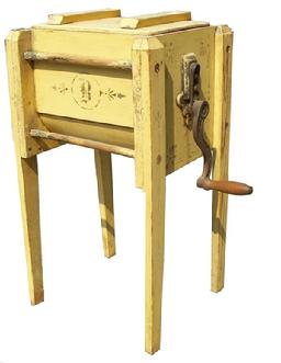 Q598  This wonderful Butter Churn is offered in dry original yellow decorated  paint in  completely original condition   The Blanchard Company