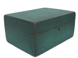 X385 19th century Document Box with early  blue paint, all original hardware, square nail construction.Measurements are 12" long x 9" deep x 6" tall