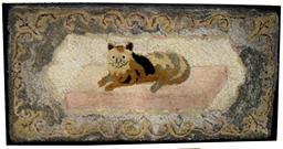 W223 Late 19th century American Hooked Rug of Cat on pillow with leaf board, mounted on frame measurements are 20 tall 38 1/2' wide