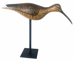 **SOLD** D338 Curlew  - signed on bottom of the tail area "A.J. Birdsall"  (Arthur "Artie" Birdsall of Point Pleasant, NJ) This decoy features tack eyes, great paint details and a long, slightly curved bill. Mounted on a metal stand for display purposes, however it is fully removeable. Approximate Measurements: 12" long x 2 1/4" wide. Height on stand is approximately 9" tall.
