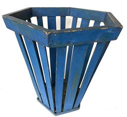 D382 Late 19th century  wooden slat gathering basket, with beautiful blue dry paint , wooden band tacked around outside and inside of the top to hold slates in place,