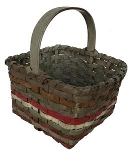 E567 Early 20th century Gathering Basket in original paint. green. brown. red and gray . This basket is heavey and very well mad with a steamed and bent handle