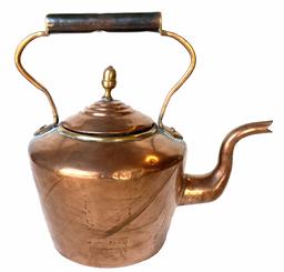 G798 Late18th century or early 20th century Copper teapot with gooseneck shaped spout, acorn finial on lid, and brass handle. There is a �5� stamped into the top of the handle, no other markings evident.  Great patina indicative of age and use! No holes. Measurements: 11� across (including spout) x 10� tall (including handle). Bottom diameter is 5 1/2�.