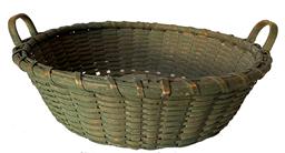 G826 Tightly woven, sturdy basket in old green paint with open weave handles and single wrapped rim. Round opening curves down to a square botom.   Measurements: 8" diameter x 4" tall. Bottom is 4 1/2" square.