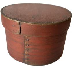 G853 19th century New England signed Shaker Pantry box thick, very sturdy steamed and bent walls with tiny square nails and tack construction in its original dry red paint. Retains makers stamp inside the bottom that reads: made by E.B. Frye and Son Wilton NH. Measurements: 9 1/2 diameter (top) x 5 ¾ tall
