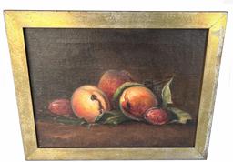 H1020 Identified oil on canvas depicting a small group of peaches and plums - signed and dated lower right corner "Wm Peter 1899". Nice, simple frame accentuates the vibrant colors utilized in the fruits and detailed leaves. Partial remnants of a paper label on back indicates the Artists Materials were from a store in New York, NY. Framed measurements: 13 ¾� wide x 10 ¾� tall x ¾� thick. Canvas area measures 11 5/8� wide x 8 5/8� tall.