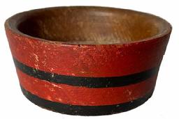 H1048 Miniature wooden keeler bearing original red painted exterior with black painted bands and natural patina interior. Made from one piece of wood. No cracks. Measurements: 4 3/8� top diameter x 3 7/8� bottom diameter x 1 ¾� tall sides.