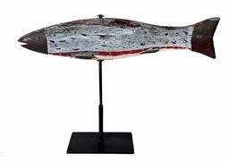 **SOLD** H126 New England wooden hand Carved and painted fish weathervane, early 20th c., mounted on metal stand for displaying