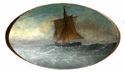 H369 Early 19th c. New England TRENCHER with nautical scene painted inside of ship with sails on rough water with people, and the American flag flying , Rare to find an authentic early trencher in such great shape