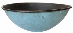 H440 Mid 19th century unusual metal Bowl with the original robin egg blue painted exterior and black painted interior, found in Ohio.  Measurements: 22" diameter x 9" tall