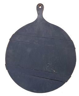 H72  Large round wooden Pie Board with double splines in original dark blue paint. Great wear and patina with evidence of chop marks from years of use. The two sturdy splines prevent the large board from warping. Hole near the top of handle for ease of hanging. Measurements: 19� wide x 24� long including handle. 