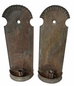 **SOLD** H73 Matching pair of 19th century hanging tin wall Sconces with wonderful shell-shaped, crimped top. American, Circa 1810 - 1820, very unusual size and form, finely folded edges, embossed detailing, hole for hanging and a demilune dish holding a single rolled edge candle socket that is 1 3/4" tall.  Solder joints are secure. Each sconce measurements: 4 5/8� wide x 2 ½� deep x 13� tall  
