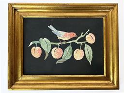 I3 Vintage Fiordelisi Pietra Dura style signed porcelain plaque � circa 1972. This finely made Italian plaque depicts a bird resting on a branch adorned with peaches. Signed �Fiordelisi Pietro� on front, and �Firenze 1972� on back of slate. Constructed on slate with inlaid stone and marble. Framed measurements: 13 ½� wide x 1 ¼� thick x 10 ½� tall
