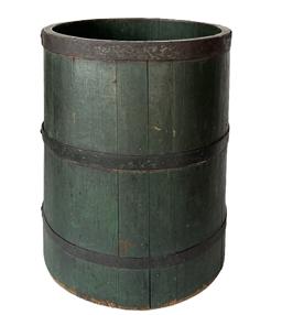 K1767 19th century Half-Peck and Quarter-Peck Measure in the original dark green painted surface. Wooden staved sides secured with three, black painted iron bands. Nice condition with great original surface. Measurements: 12½ tall x 8 ½ diameter on one end and 11 diameter on the other end.  