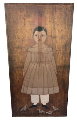 **SOLD** K1785 Mid 20th century Folk Art Painting of a Child with birds by Famous Artist A. Glazier. Painted on a type set Tray. One of the things he is famous for are these folk-art style paintings on Amish boards and other antique items. His signature appears in the lower, right corner. Arthur Glazier (1928-2015) was from East Berlin, Pennsylvania. Measurements: 16 ½ wid3e x 1 ¼ deep x 32 tall.  