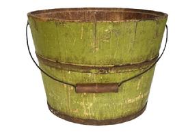 **SOLD** K1857 Late 19th century original apple green painted bucket from Pennsylvania with arched wire bail handle and turned wooden grip. The interior is old natural patina. Tongue and grooved staved construction held in place with metal bands. Great color! Measurements: 12 ¾ top diameter x 10 3/8 bottom diameter x 9 tall. 