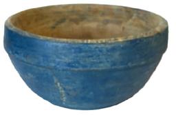 **SOLD** RM1222 Early 19th Century New England wooden bowl in vibrant original blue paint with very slightly raised foot. Stains and wear indicative of age. Just a nice old bowl in great form and color. Measures approximately 10" top diameter and stands 5" tall. Chamfered 1.75" lipped rim.