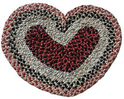 K1539 Heart shaped hand braided rug / mat with fabrics featuring reds, black, blues, white and a hint of orange colors. Nice condition. Measurements: 24 ½ wide x 19 tall. 