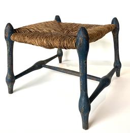G338 19th century  Antique Pennsylvania Blue Painted Rush Seat Stool. With bulbous turned splayed legs and stretchers base, Measurements are: 14"h, x 18-1/2" 