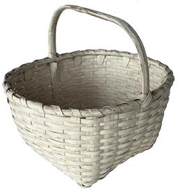 J201 Pennsylvania gathering basket with single wrapped rim and sturdy steamed and bent, notched handle bearing an early white painted surface. Measurements: 13" x 12" across opening. Sides are 7" tall. Overall height to top of handle is 11 1/2" tall.