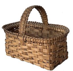 J43 Wonderful hand-woven splint basket with unique rim and handle detailing that is suggestive of the Southern Appalachia (possibly Virginia) area. Basket boasts an oval opening tapering to a rectangular bottom and bears a warm, natural patina surface. Sturdy basket in great condition with no breaks. Measurements: 11 ¾� long x 8� wide x 9� tall (at handle). The sides are 5 ¼� tall.