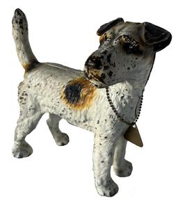 J425 Hubley Manufacturing Company Cast Iron Fox Terrier Dog door stop bearing its original painted surface. The seams are tight, and it is held together with a flat head screw on the left side. Circa 1930�s-40�s The dog is wearing a copper chain with a triangular shaped copper dog tag reading �D.C. Dog Tag Expires June 30, 1966 11962��.most likely a memorial tribute to a cherished and faithful friend.   Approximate Measurements: 8� long x 4� wide x 8 ½� tall