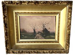 **Sold**J427 Ornate gold gild framed Oil Painting on board depicting a small cottage by a dirt lane with a stone fence along the road in front of the cottage and a wooden fence behind the cottage. The pink and golden hues in the sky and the outlines of barren trees in various parts of the painting give the feeling of an evening scene in the Fall. Unsigned. There are a few chips to frame.  Painting Measures 9� wide x 6� tall. Frame measures 15� wide x 12� tall x 3� deep