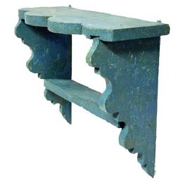 M1131 Late 19th century small Pennsylvania wall shelf with decorative cut out ends and scalloped edge along the front bearing old blue over the original blue painted surface. The wood is pine. Mortised ends/shelves. Circa 1870s�1880s. Image Properties