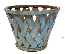 **SOLD** M1175 19th century wooden Gathering / Peach Basket bearing early original dry blue painted surface. Basket features wide hand-woven oak wooden slats in a cross hatched / diamond pattern and a solid wooden bottom. The slats are secured with steamed and bentwood bands at the rim and the bottom that are attached with age-appropriate tacks. Very sturdily made with minor losses from age / use and what appears to be from a hungry mouse or two. Measurements are: 14 3/8� x 14 &frac34;� top diameter x 9 &frac12;� bottom diameter x 11� tall.  