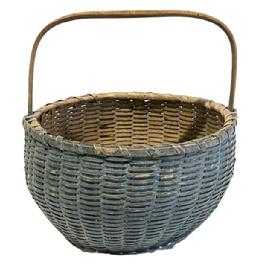 M1180 Very nice 19th century Pennsylvania Gathering Basket with original dry blue painted surface, steamed and bent notched handle, and single wrapped double- rim featuring a thick inner rim, and slightly bumped up interior for weight distribution
