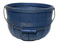 M332 19th century Apple Basket in old blue painted surface having fantastic form. The basket is sturdily constructed of oak splints with a swing bail handle. It has a wooden bottom from which each slat is attached with small iron nails securing each slat. Remains in superb original condition with an extremely fine surface displaying oxidation and very light wear. Circa 1880 - 1900. Measurements: 12 3/8� top diameter x 7� base diameter x 8 &frac12;� tall sides. 