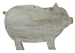 **SOLD** G228 Pig cutting board with carved details bearing black paint and overall remnants of old white paint. Great wear with chop / slice marks from years of use. The wood is pine. Measurements: 16 ¼ long from nose to tip of tail x ¾ thick x 10 ½ tall.