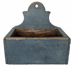 RM1368 Beautiful high back wallbox in original blue paint. Thick walled, square nail construction Measurements: 11 5/8" wide x 7 1/8" deep x 11 1/4" tall (back) x 5 1/4" tall (front and sides)