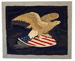 **Sold**RM1468 An outstanding example of American folk art, This  hooked rug patterns of the later 19th century, and it was probably hooked sometime around 1890-1920 This rug features a Eagle holding a flag covered shield Strips of wool cloth were used for the hooking