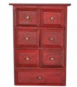 B423 Seven drawer Spice Cabinet featuring six small drawers over one large drawer configuration with old crackled red painted surface. Simple nail construction. Circa 1880. Measurements: 12 ½� wide x 6� deep x 17 ½� tall