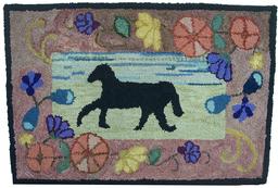 W355 Early 19th century  Hook Rug of a very folky Horse with a floral boarder hooked on  burlap ,in excellent condition mount on board  36" x 24"