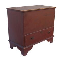 W398  18th century New England Chest over drawer, Early  red paint, dovetailed drawer, carter pin hinges, rose head nail construction, the wood is white pine circa 1760-1780  19 3/4" deep x 38" wide x 33 3/4"  tall