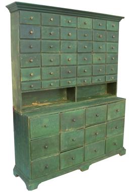 X56 19th century  two piece  Apothecary Stepback  Cupboard, consisting of 48  graduated dovetailed drawers, with two open shelves, found in New England, 